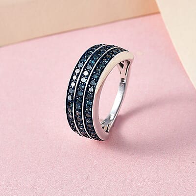 Blue Diamond 3 Row Band Ring in Platinum Over Sterling Silver (Size 10.0) 1.00 ctw