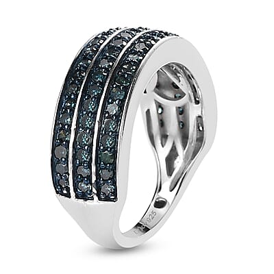 Blue Diamond 3 Row Band Ring in Platinum Over Sterling Silver (Size 10.0) 1.00 ctw