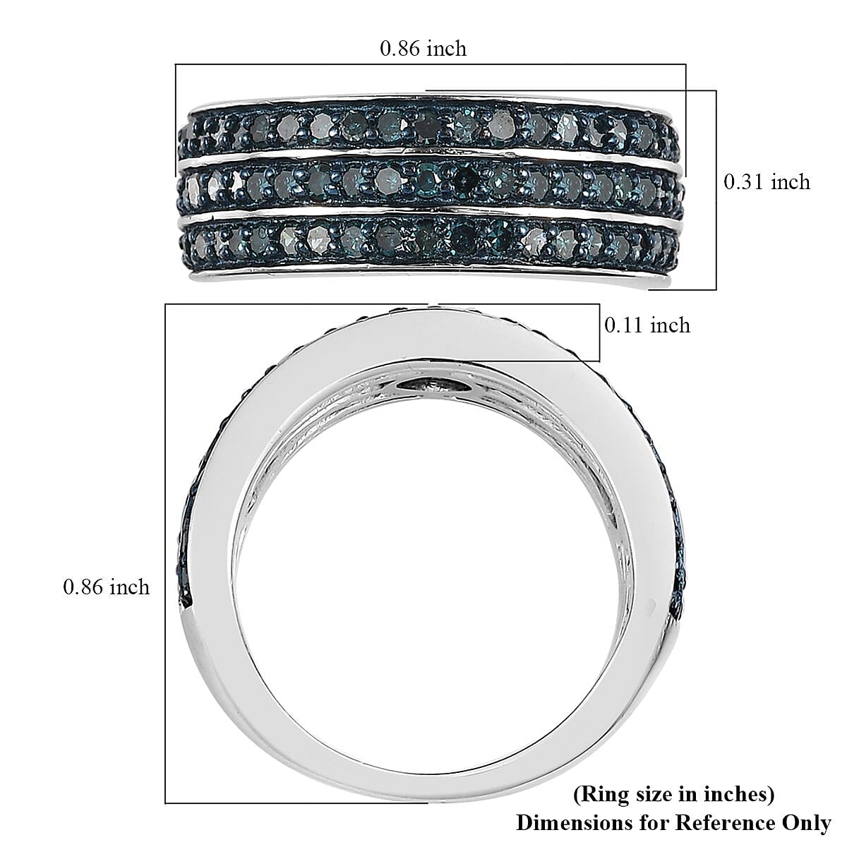 Blue Diamond 3 Row Band Ring in Platinum Over Sterling Silver (Size 10.0) 1.00 ctw