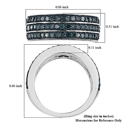 Blue Diamond 3 Row Band Ring in Platinum Over Sterling Silver (Size 10.0) 1.00 ctw