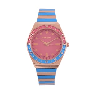Strada Japanese Movement Blue and Light Tan Enameled Stretch Bracelet Watch with Stainless Steel Strap