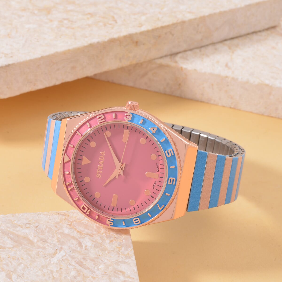 Strada Japanese Movement Blue and Light Tan Enameled Stretch Bracelet Watch with Stainless Steel Strap image number 1