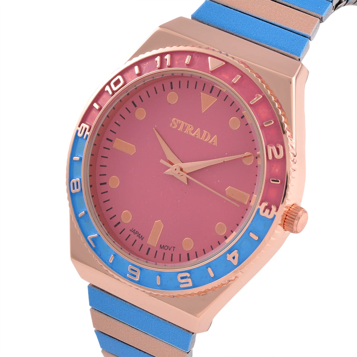 Strada Japanese Movement Blue and Light Tan Enameled Stretch Bracelet Watch with Stainless Steel Strap image number 3