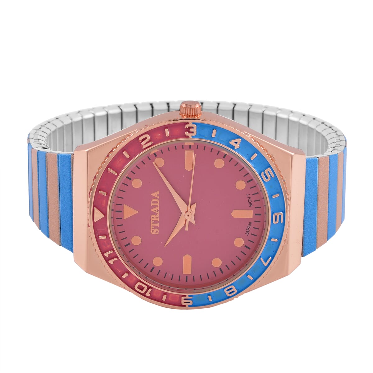 Strada Japanese Movement Blue and Light Tan Enameled Stretch Bracelet Watch with Stainless Steel Strap image number 4