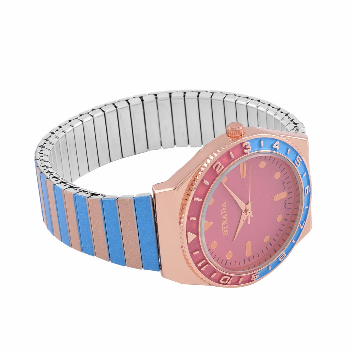Strada Japanese Movement Blue and Light Tan Enameled Stretch Bracelet Watch with Stainless Steel Strap image number 5