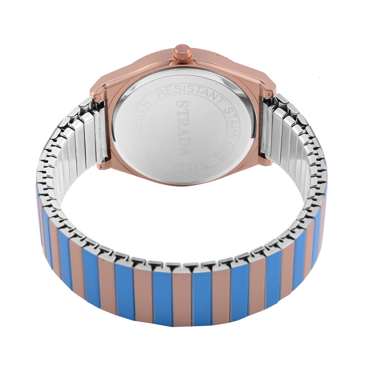 Strada Japanese Movement Blue and Light Tan Enameled Stretch Bracelet Watch with Stainless Steel Strap image number 6