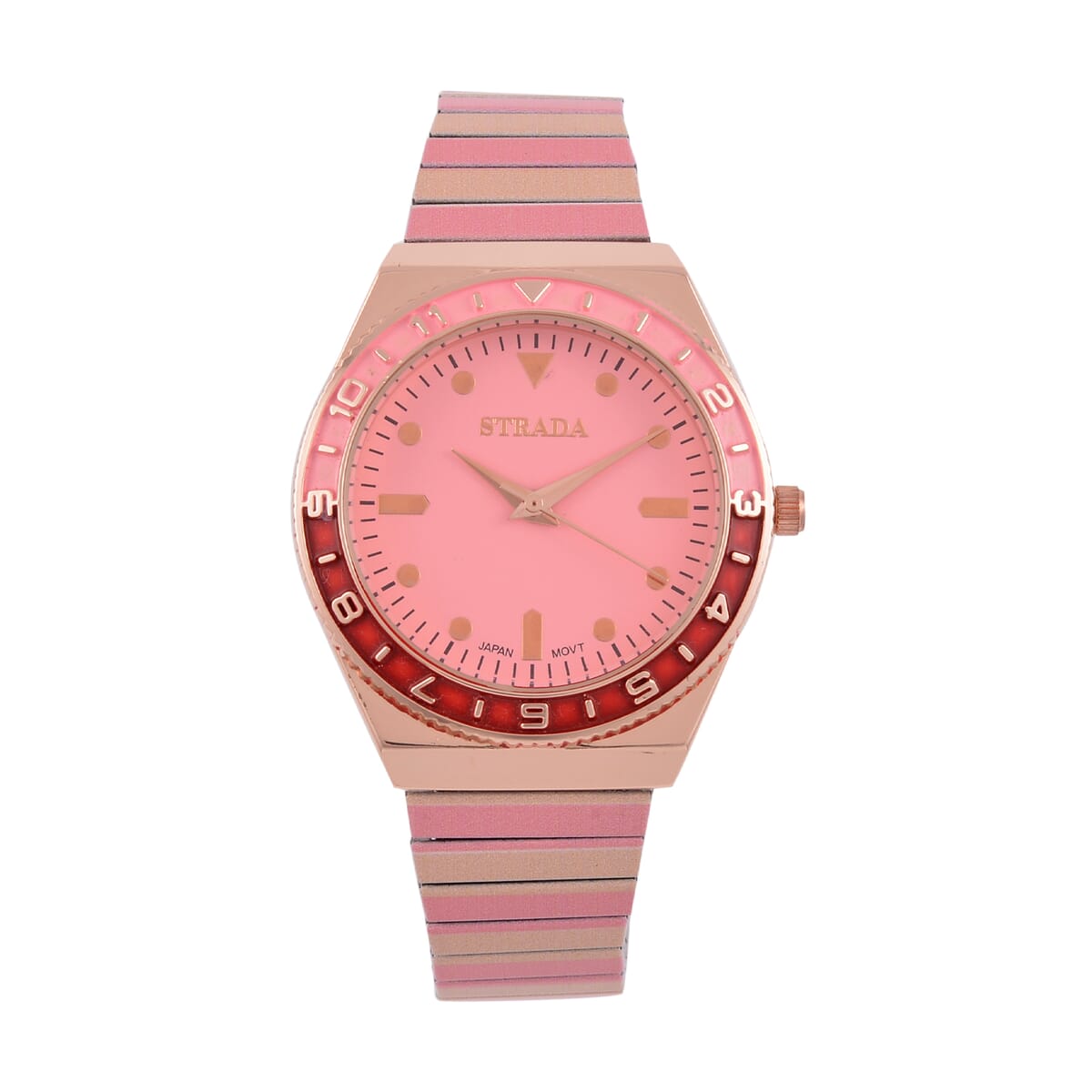 Strada Japanese Movement Pink and Light Tan Enameled Stretch Bracelet Watch with Stainless Steel Strap image number 0