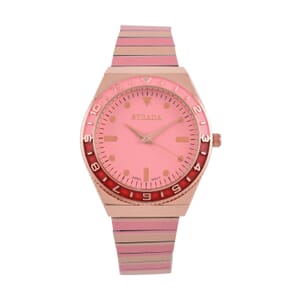 Strada Japanese Movement Pink and Light Tan Enameled Stretch Bracelet Watch with Stainless Steel Strap