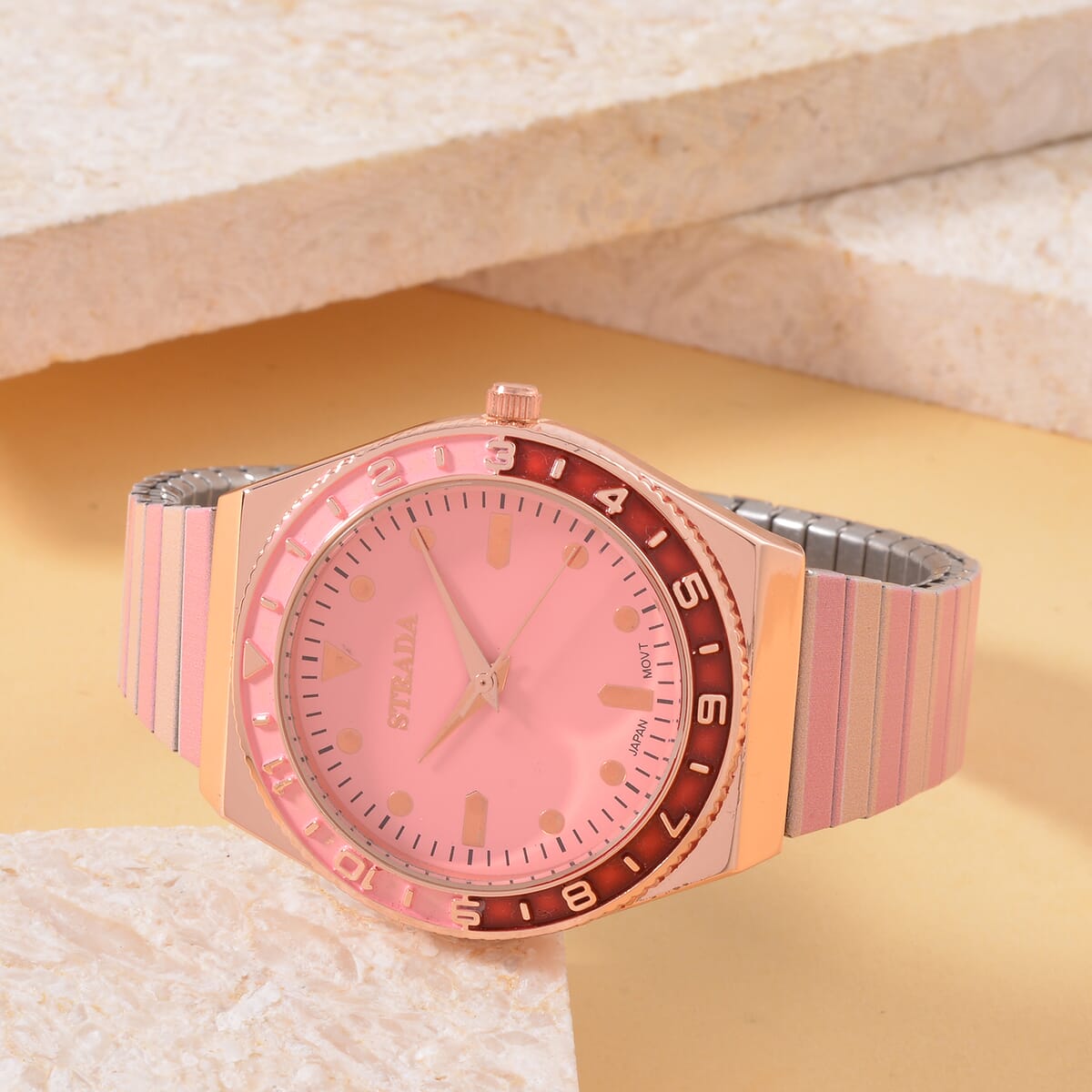 Strada Japanese Movement Pink and Light Tan Enameled Stretch Bracelet Watch with Stainless Steel Strap image number 1