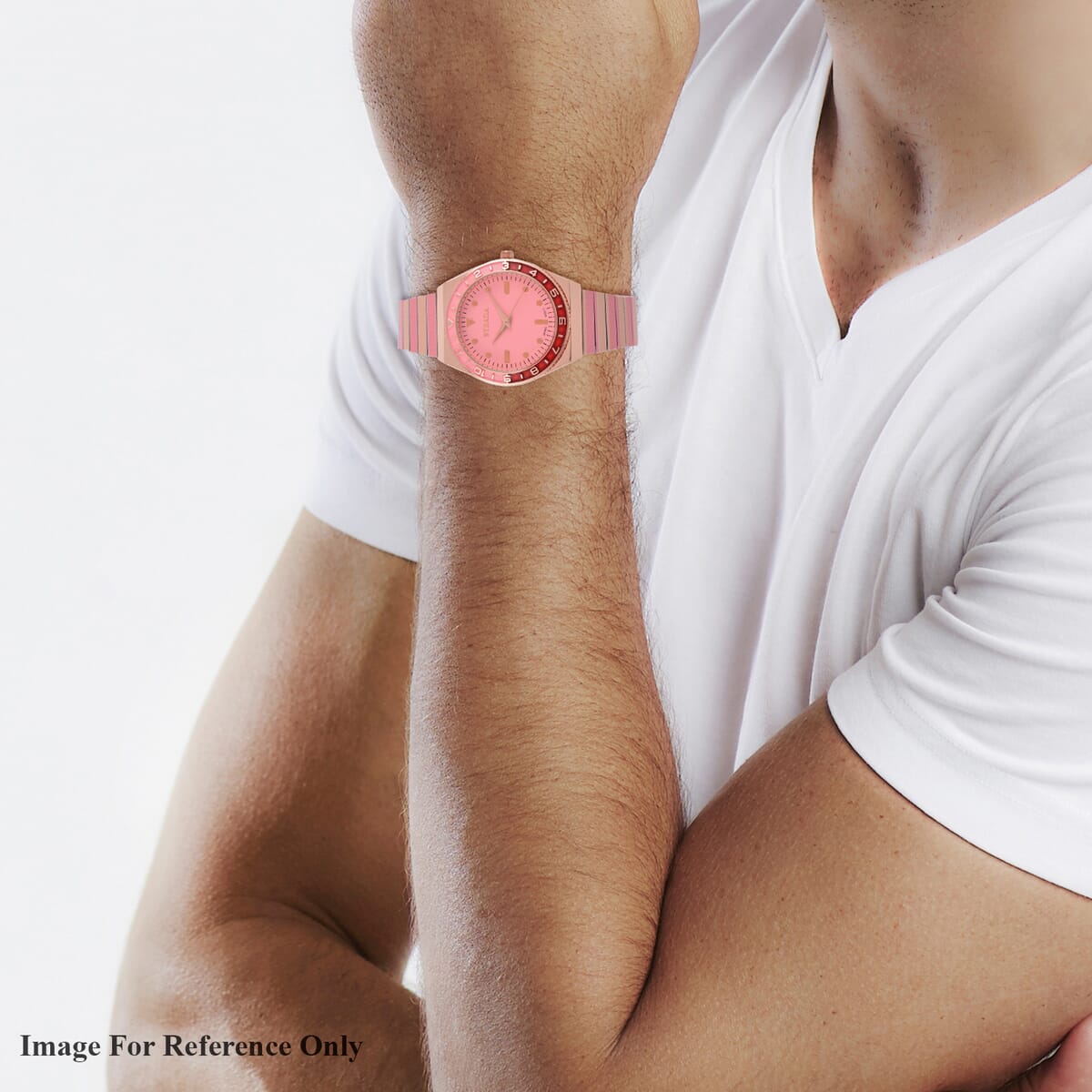 Strada Japanese Movement Pink and Light Tan Enameled Stretch Bracelet Watch with Stainless Steel Strap image number 2
