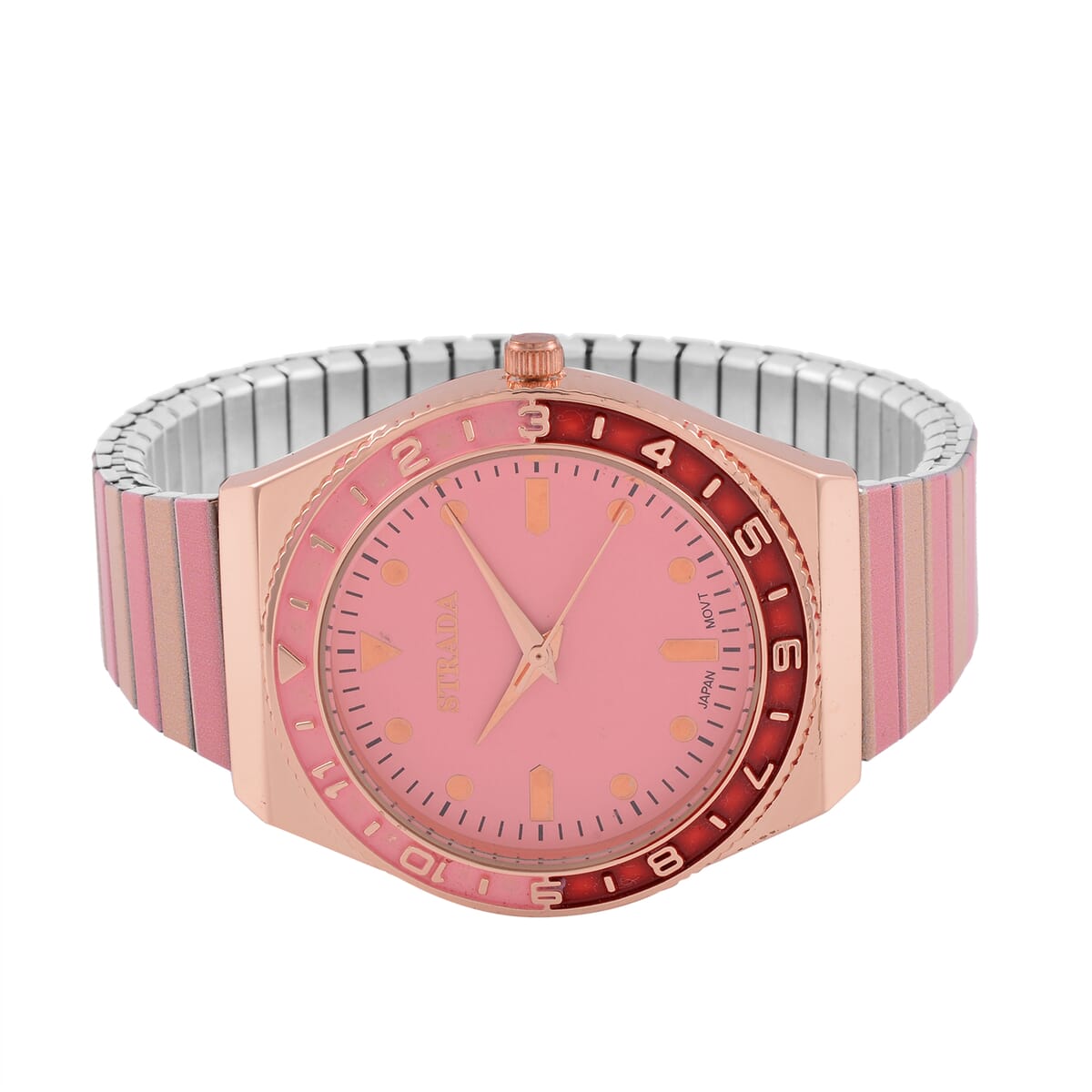 Strada Japanese Movement Pink and Light Tan Enameled Stretch Bracelet Watch with Stainless Steel Strap image number 4