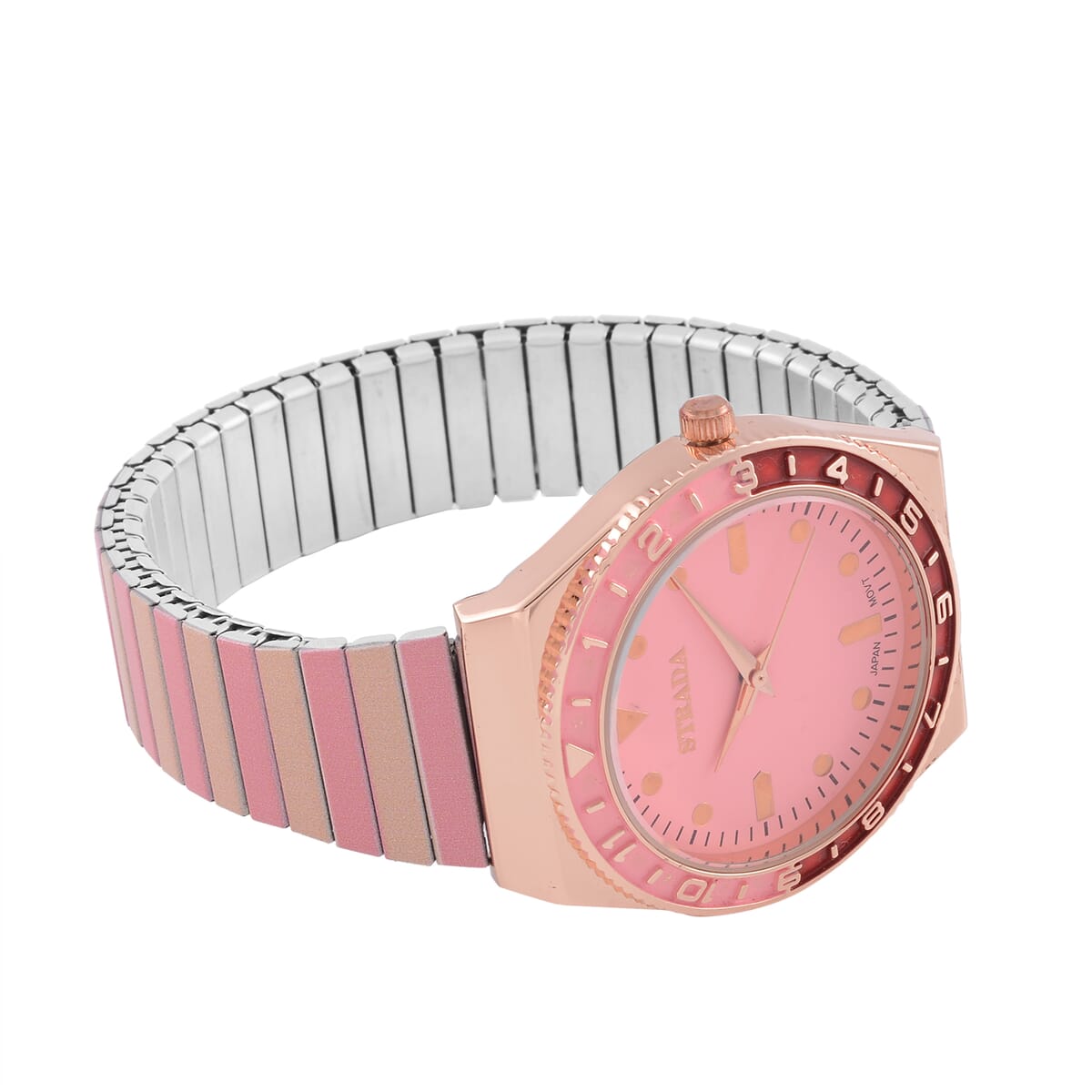 Strada Japanese Movement Pink and Light Tan Enameled Stretch Bracelet Watch with Stainless Steel Strap image number 5
