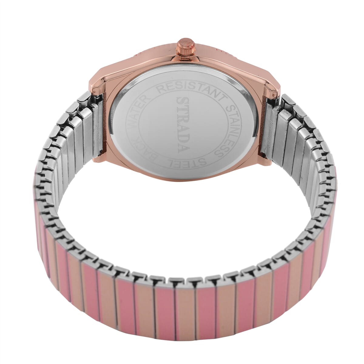 Strada Japanese Movement Pink and Light Tan Enameled Stretch Bracelet Watch with Stainless Steel Strap image number 6