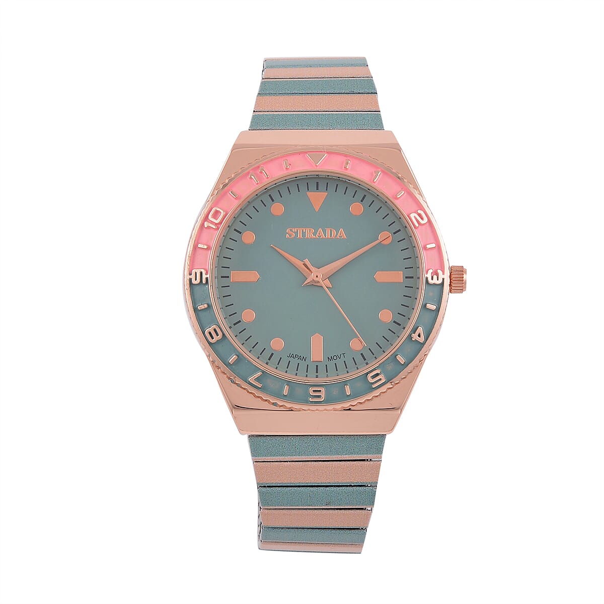 Strada Japanese Movement Green and Light Tan Enameled Stretch Bracelet Watch with Stainless Steel Strap image number 0