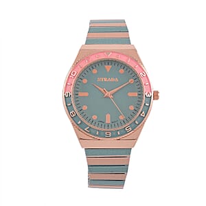 Strada Japanese Movement Green and Light Tan Enameled Stretch Bracelet Watch with Stainless Steel Strap