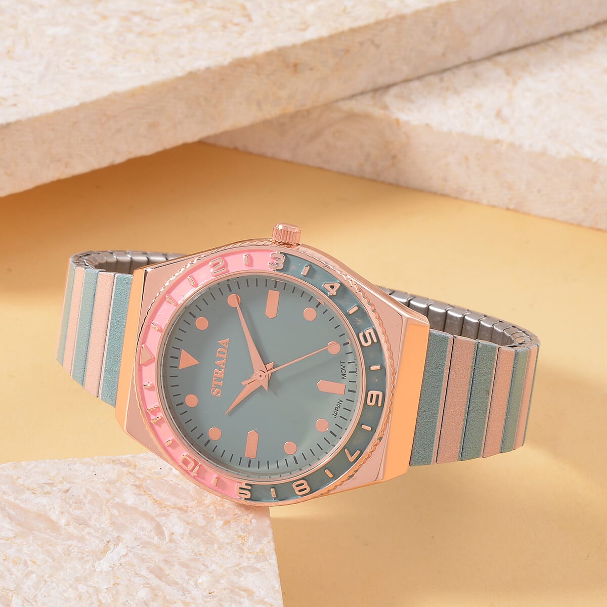 Strada Japanese Movement Green and Light Tan Enameled Stretch Bracelet Watch with Stainless Steel Strap image number 1