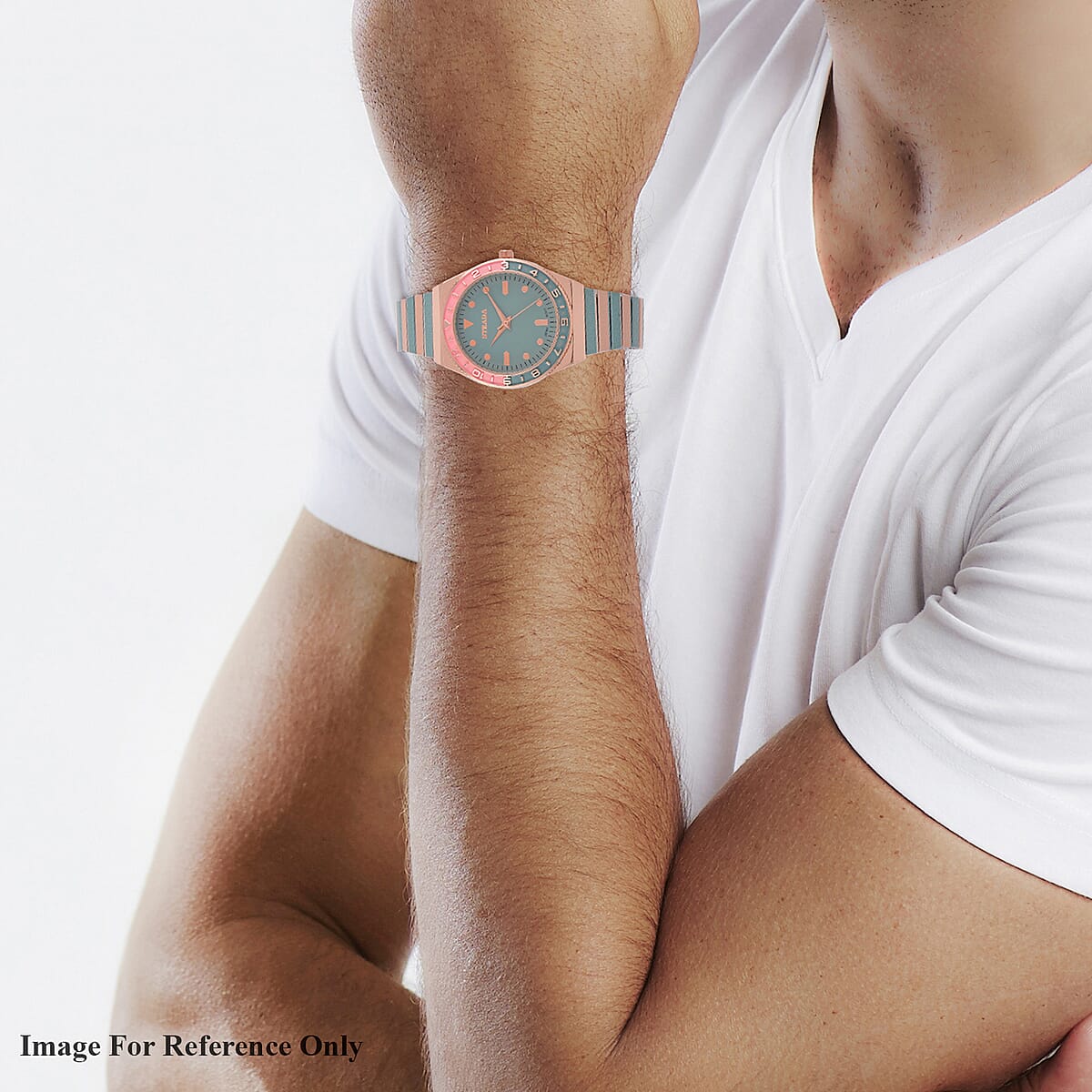 Strada Japanese Movement Green and Light Tan Enameled Stretch Bracelet Watch with Stainless Steel Strap image number 2