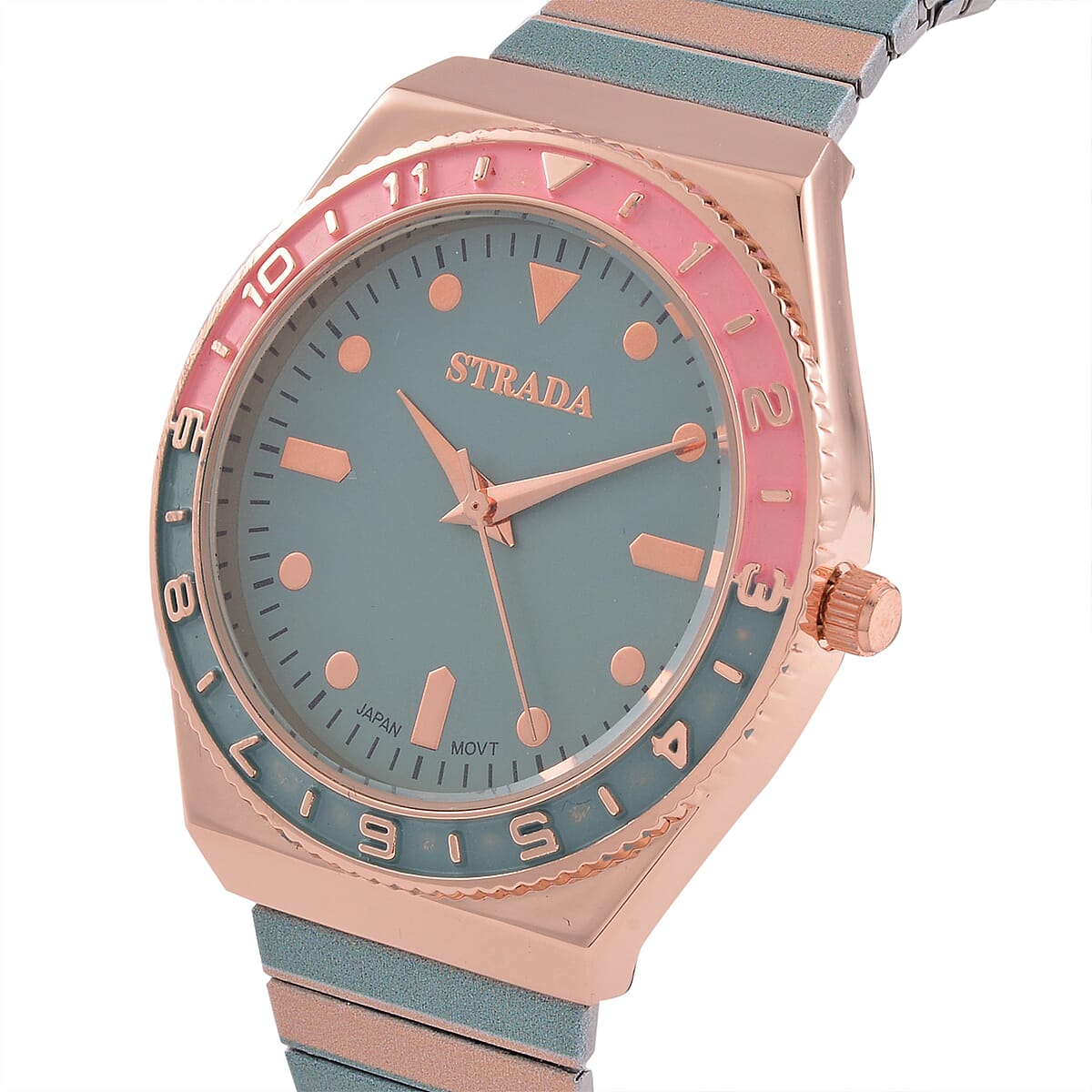 Strada Japanese Movement Green and Light Tan Enameled Stretch Bracelet Watch with Stainless Steel Strap image number 3