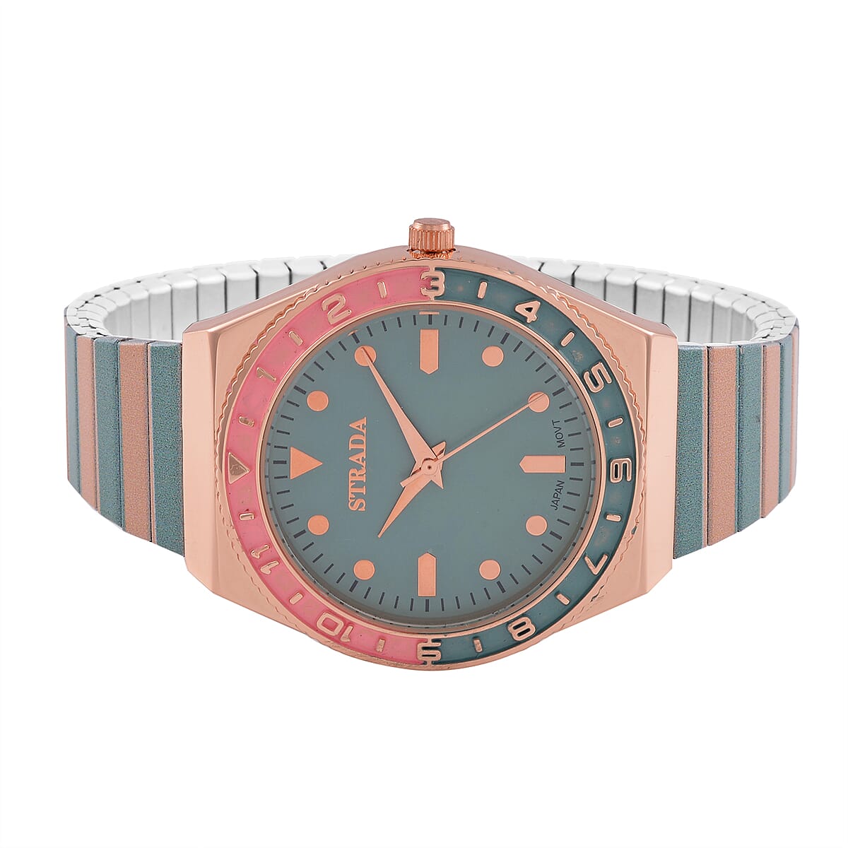 Strada Japanese Movement Green and Light Tan Enameled Stretch Bracelet Watch with Stainless Steel Strap image number 4