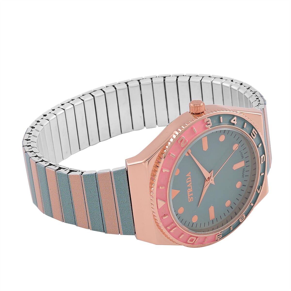 Strada Japanese Movement Green and Light Tan Enameled Stretch Bracelet Watch with Stainless Steel Strap image number 5