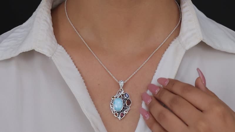 Artisan Crafted Larimar, Multi-Tourmaline Pendant in Sterling Silver 8.35 ctw