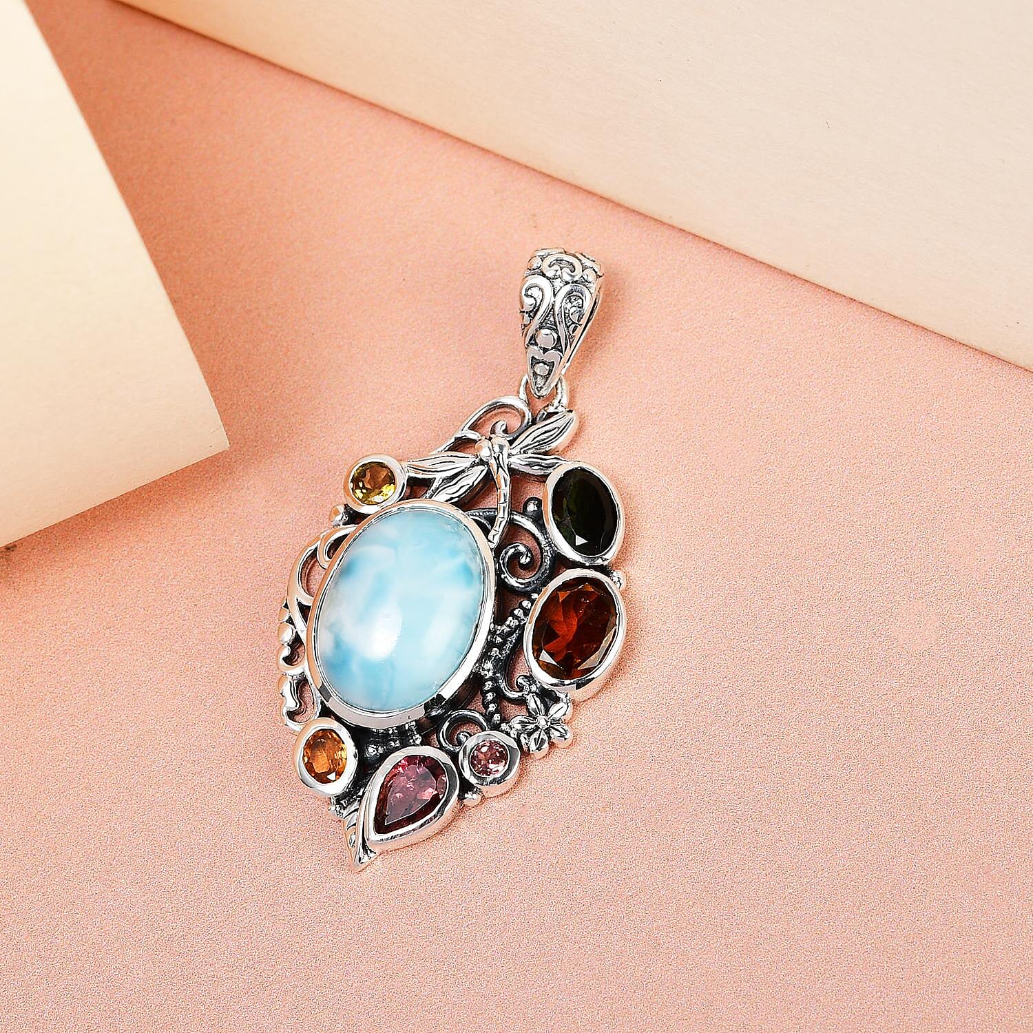 Artisan Crafted Larimar, Multi-Tourmaline Pendant in Sterling Silver 8.35 ctw