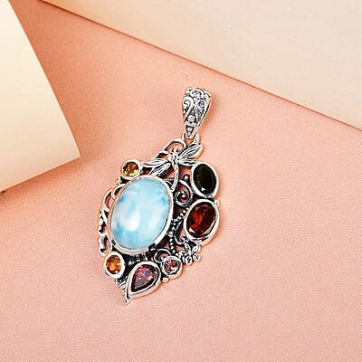 Artisan Crafted Larimar, Multi-Tourmaline Pendant in Sterling Silver 8.35 ctw
