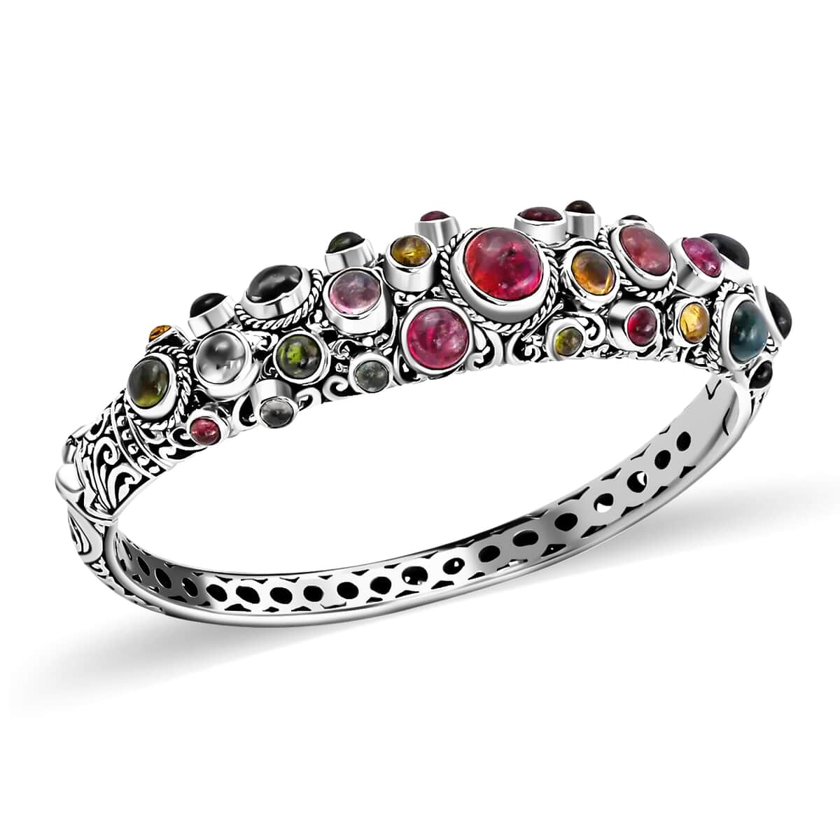 Bali Legacy Multi-Tourmaline Bangle Bracelet, Multi Colored Bracelet, Sterling Silver Bangle Bracelet, Multi Tourmaline Bracelet (7.50 in) 13.65 ctw image number 0