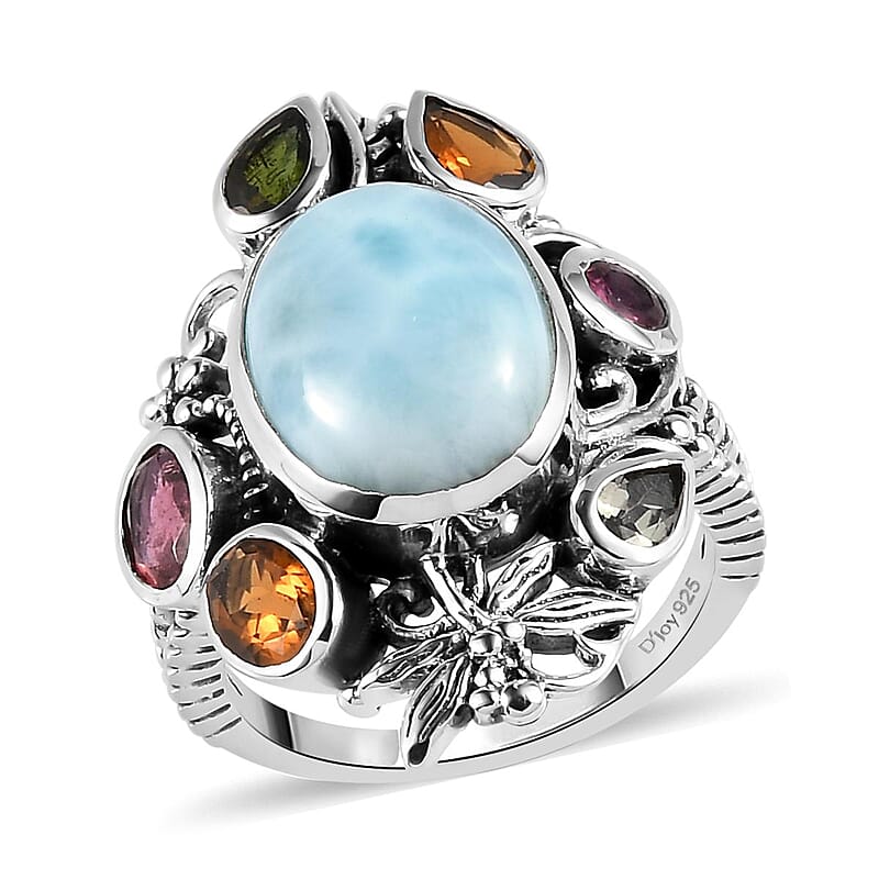 Artisan Crafted Larimar and Multi-Tourmaline Ring in Sterling Silver (Size 10.0) 8.10 ctw