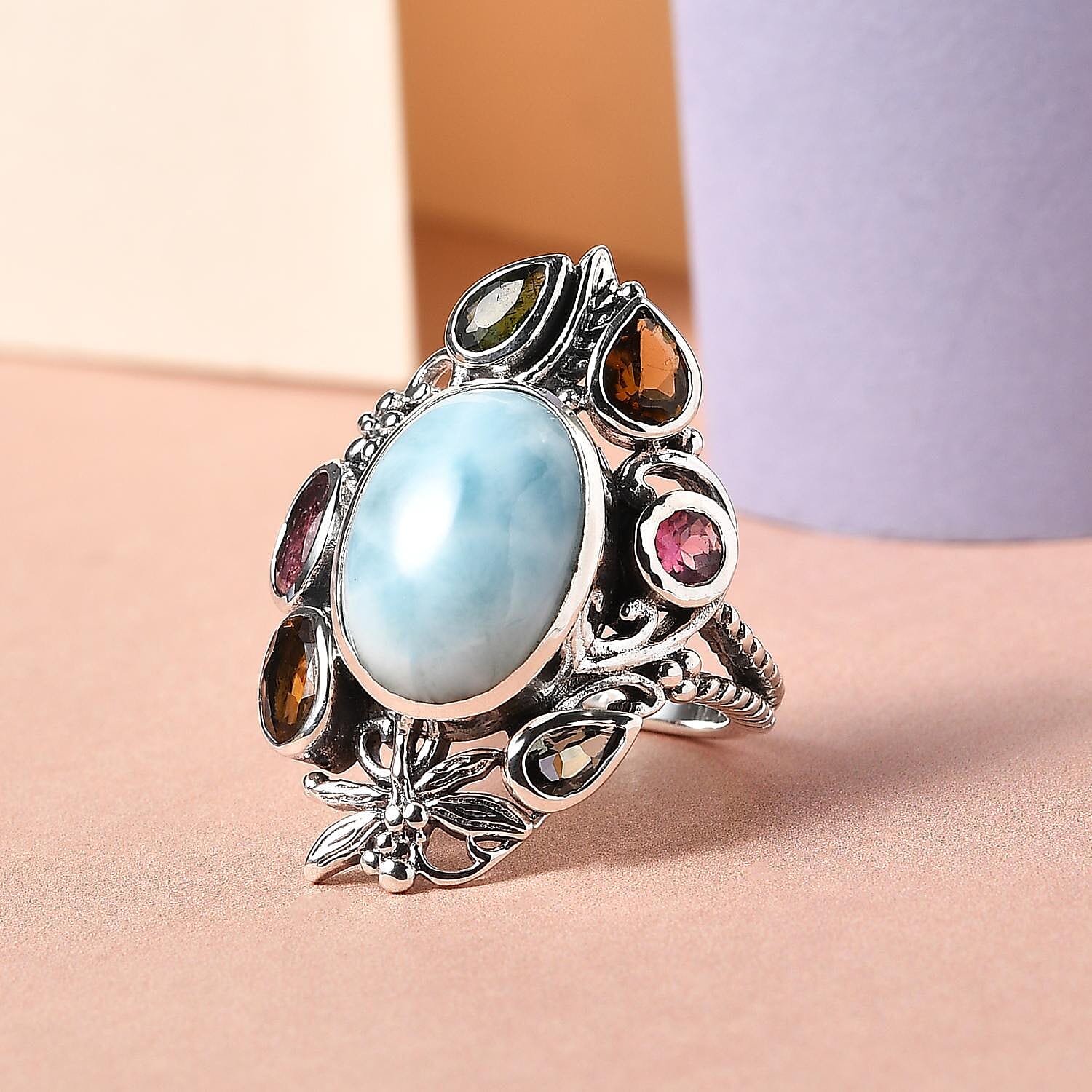 Artisan Crafted Larimar and Multi-Tourmaline Ring in Sterling Silver (Size 10.0) 8.10 ctw