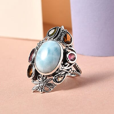 Artisan Crafted Larimar and Multi-Tourmaline Ring in Sterling Silver (Size 10.0) 8.10 ctw