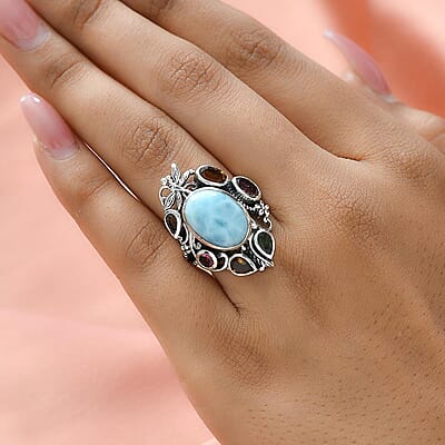 Artisan Crafted Larimar and Multi-Tourmaline Ring in Sterling Silver (Size 10.0) 8.10 ctw