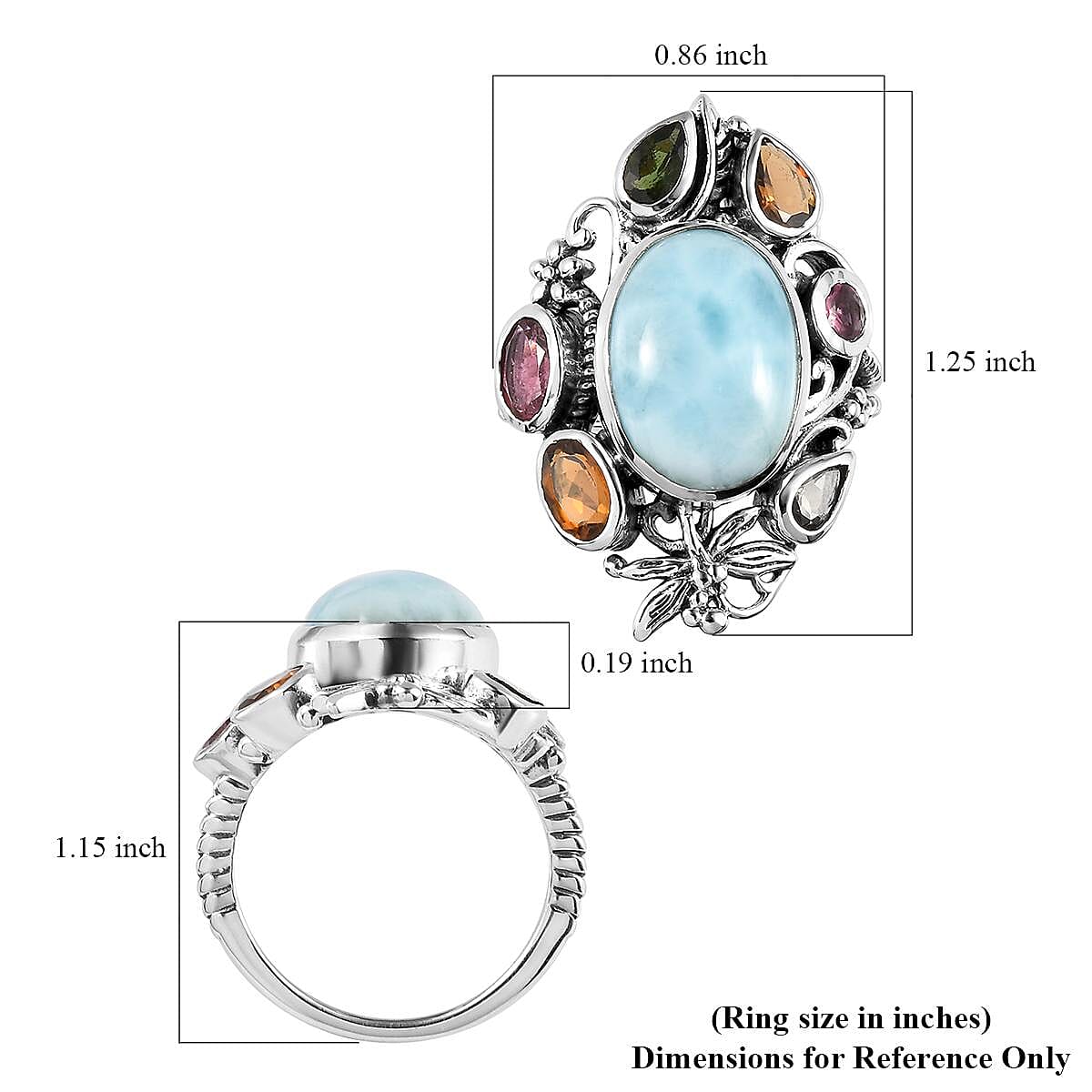 Artisan Crafted Larimar and Multi-Tourmaline Ring in Sterling Silver (Size 10.0) 8.10 ctw
