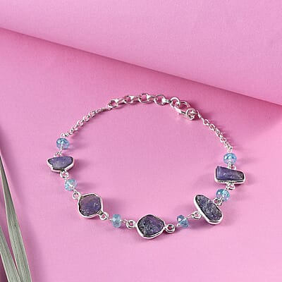 Artisan Crafted Tanzanite and Madagascar Paraiba Apatite Bracelet in Sterling Silver (7.25 In) 16.50 ctw
