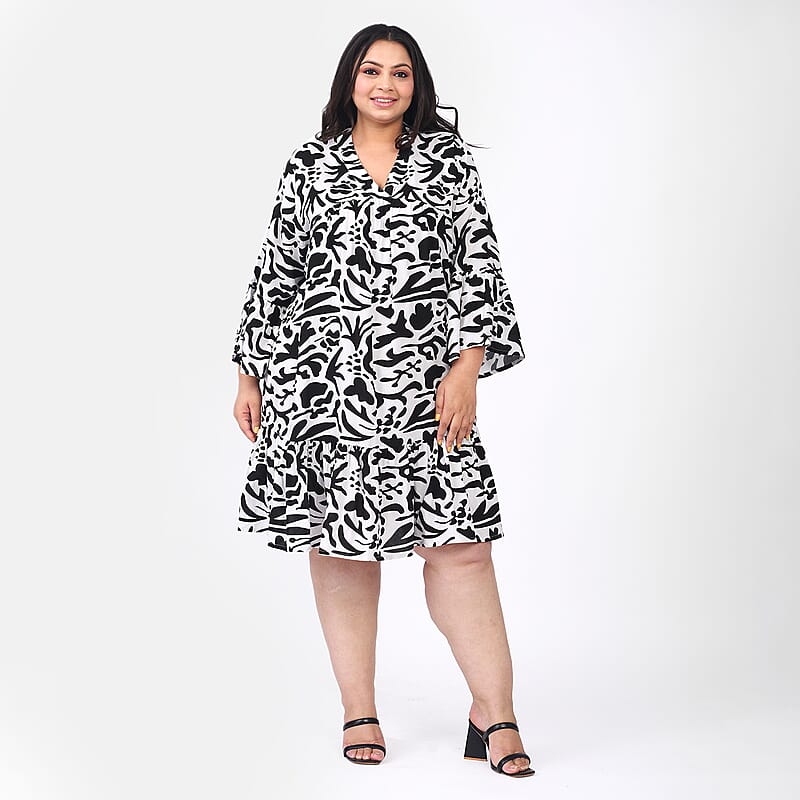 Tamsy Black and White Floral Dress with Flounce Sleeve - One Size Missy