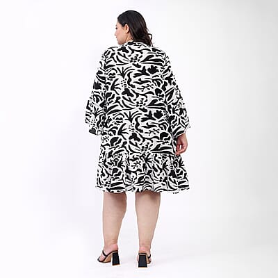 Tamsy Black and White Floral Dress with Flounce Sleeve - One Size Missy