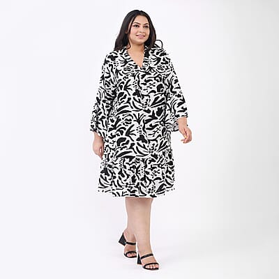Tamsy Black and White Floral Dress with Flounce Sleeve - One Size Missy