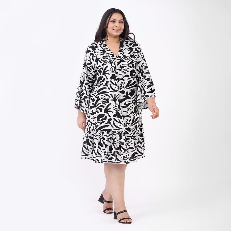 Tamsy Black and White Floral Dress with Flounce Sleeve - One Size Missy