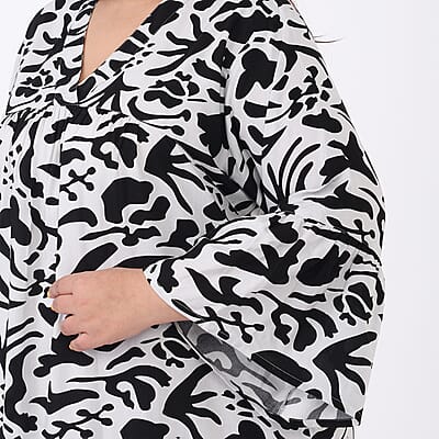 Tamsy Black and White Floral Dress with Flounce Sleeve - One Size Missy