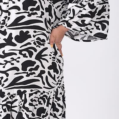 Tamsy Black and White Floral Dress with Flounce Sleeve - One Size Missy