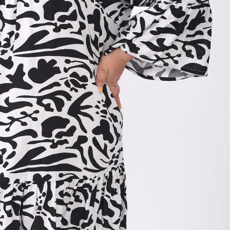 Tamsy Black and White Floral Dress with Flounce Sleeve - One Size Missy
