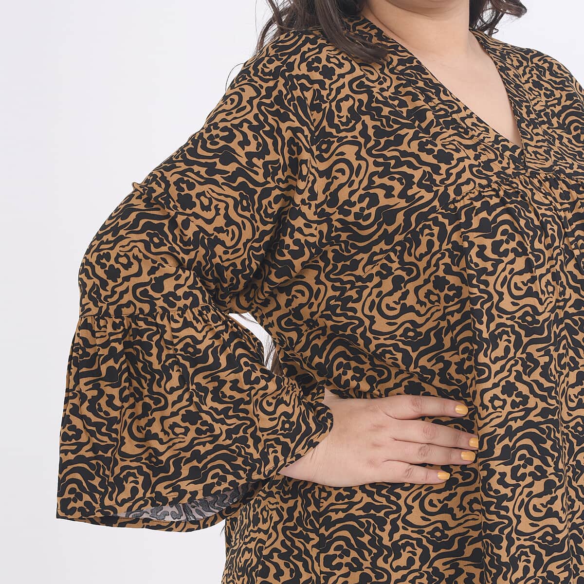 Tamsy Black and Yellow Abstract Animal Print Dress with Flounce Sleeve - One Size Plus image number 3