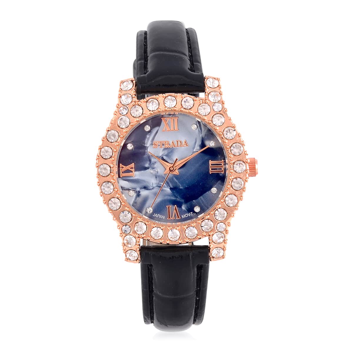 Strada Austrian Crystal Japanese Movement Watch in Rosetone with Black Faux Leather Strap (31.24 mm) (6.5-7.5 Inches) image number 0