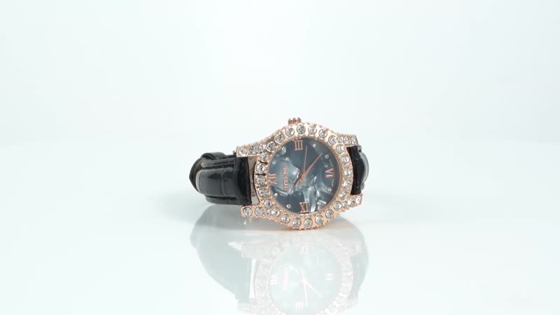 Strada Austrian Crystal Japanese Movement Watch in Rosetone with Black Faux Leather Strap (31.24 mm) (6.5-7.5 Inches)