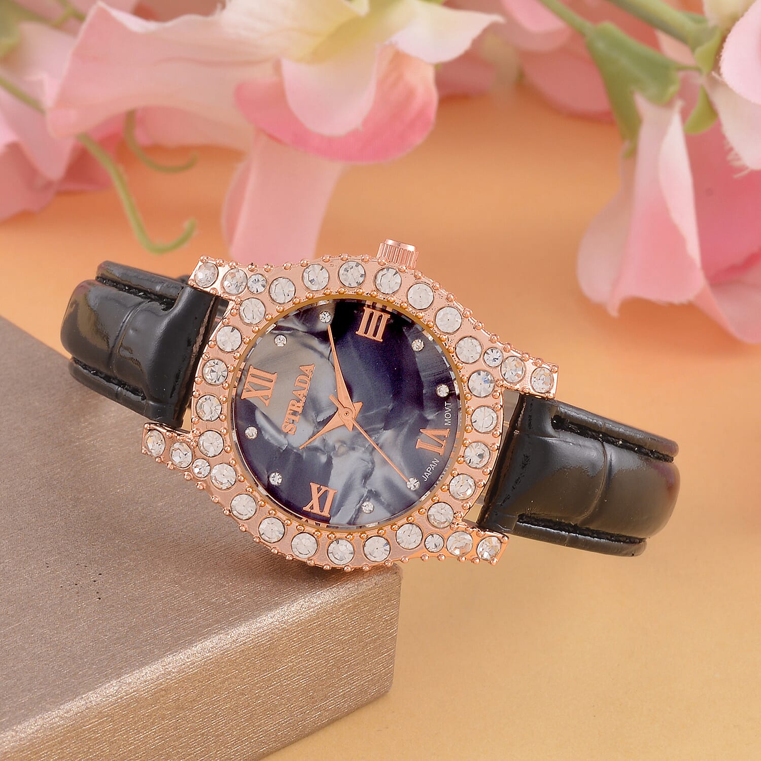 Strada Austrian Crystal Japanese Movement Watch in Rosetone with Black Faux Leather Strap (31.24 mm) (6.5-7.5 Inches)