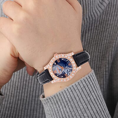 Strada Austrian Crystal Japanese Movement Watch in Rosetone with Black Faux Leather Strap (31.24 mm) (6.5-7.5 Inches)