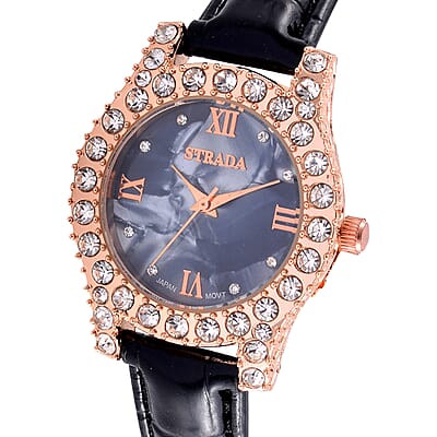 Strada Austrian Crystal Japanese Movement Watch in Rosetone with Black Faux Leather Strap (31.24 mm) (6.5-7.5 Inches)