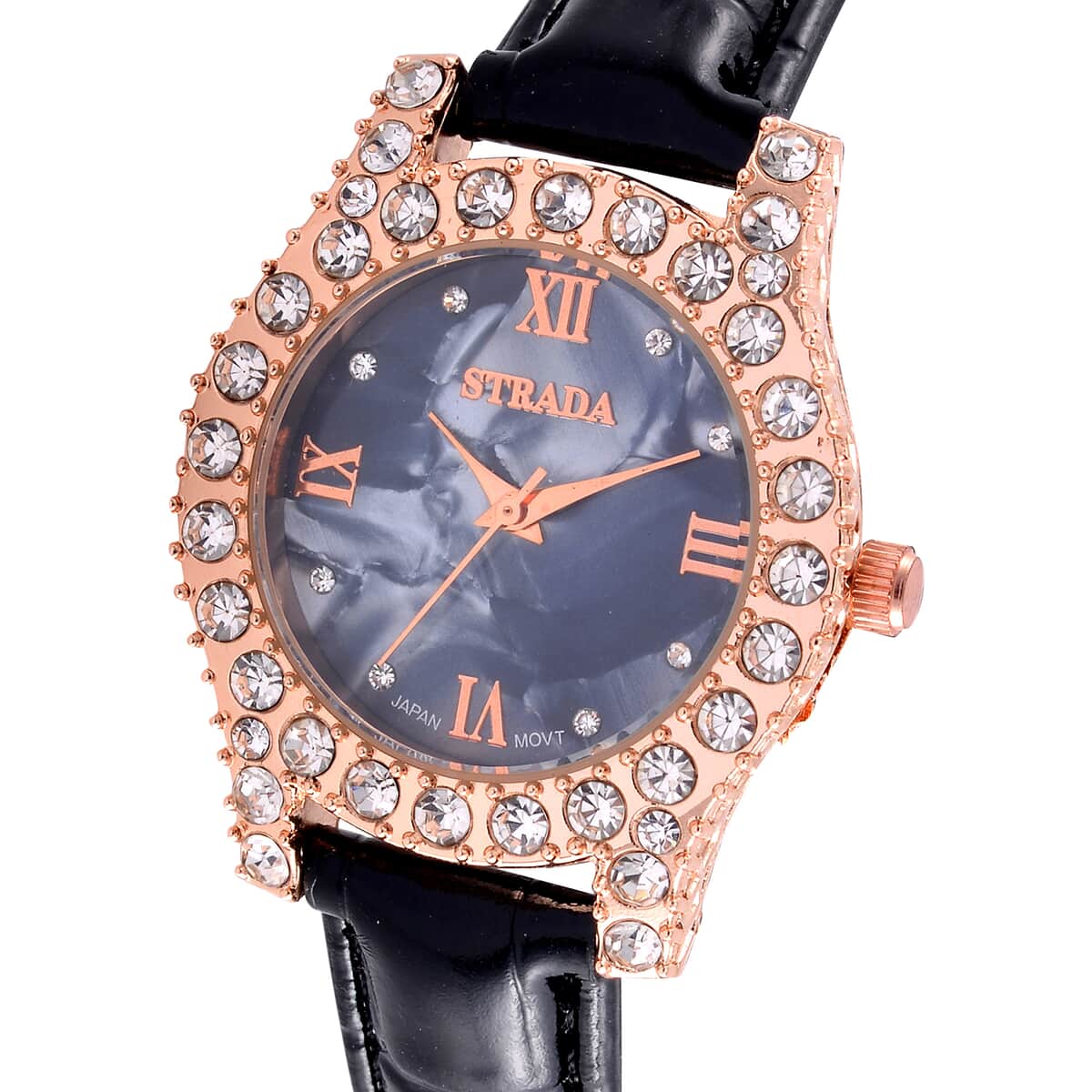 Strada Austrian Crystal Japanese Movement Watch in Rosetone with Black Faux Leather Strap (31.24 mm) (6.5-7.5 Inches) image number 3