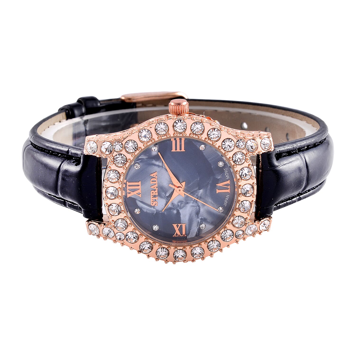 Strada Austrian Crystal Japanese Movement Watch in Rosetone with Black Faux Leather Strap (31.24 mm) (6.5-7.5 Inches)