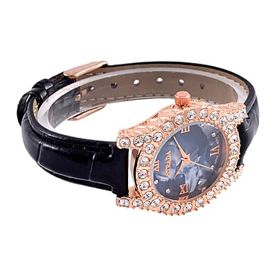 Strada Austrian Crystal Japanese Movement Watch in Rosetone with Black Faux Leather Strap (31.24 mm) (6.5-7.5 Inches)